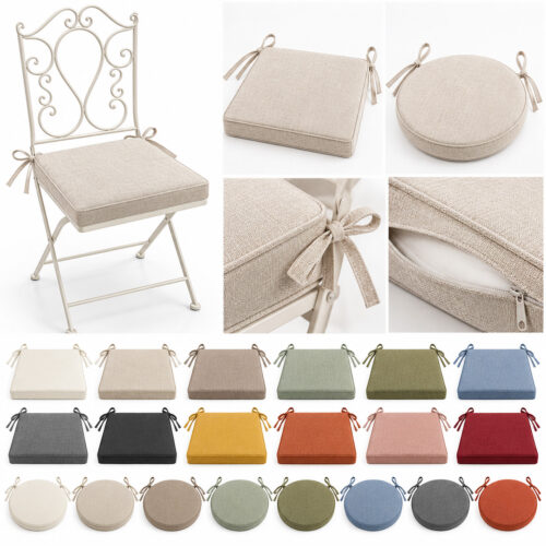Custom linen-look seat cushions for wrought iron folding chairs, featuring square and round designs, decorative tie straps, removable cushion covers and a selection of colors for weddings and events.