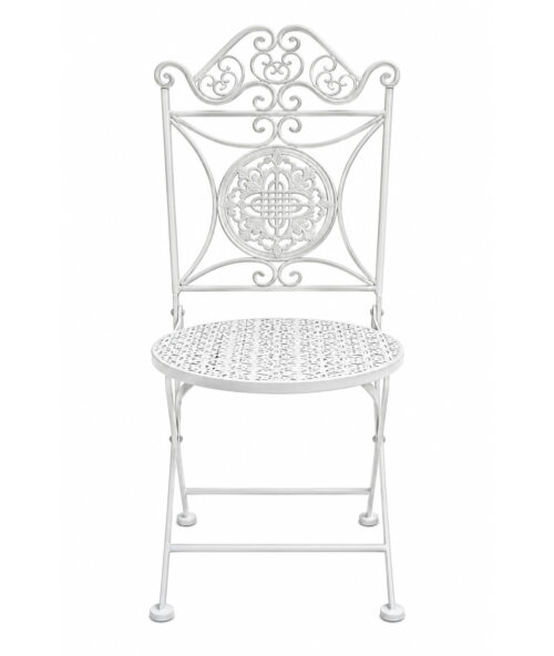 White Florentine wrought iron folding chair with ornate scroll back, decorative floral medallion and round perforated metal seat for garden weddings and outdoor events.