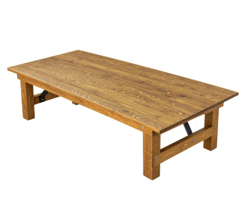 Rustic wooden kids farm table with natural wood grain finish, rectangular tabletop and folding trestle legs with black metal support braces