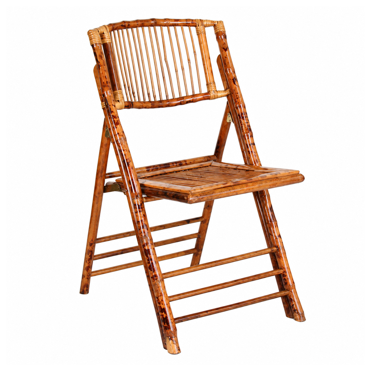 Three-quarter view of a vintage bamboo folding chair with natural brown finish, spindle backrest, woven bamboo seat, and folding frame on a white background