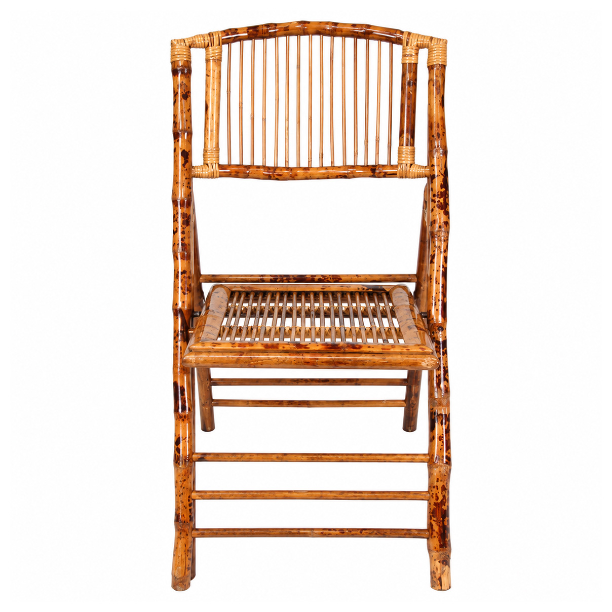 Front view of a vintage bamboo folding chair featuring a natural brown finish, spindle backrest, and slatted bamboo seat on a white background